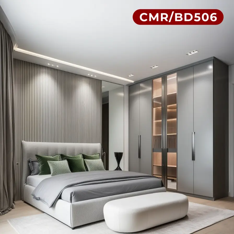 Contemporary Bedroom with Fluted Wall Panel and Wardrobe