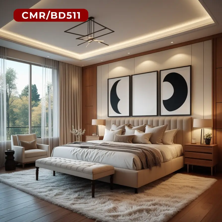 Bedroom with Twin Moon Art Panels and Wood Paneling