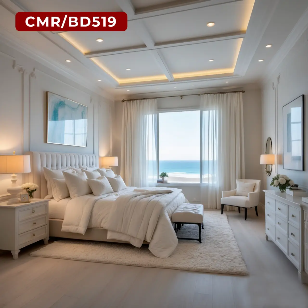 Coastal-Inspired White Bedroom with Ocean View